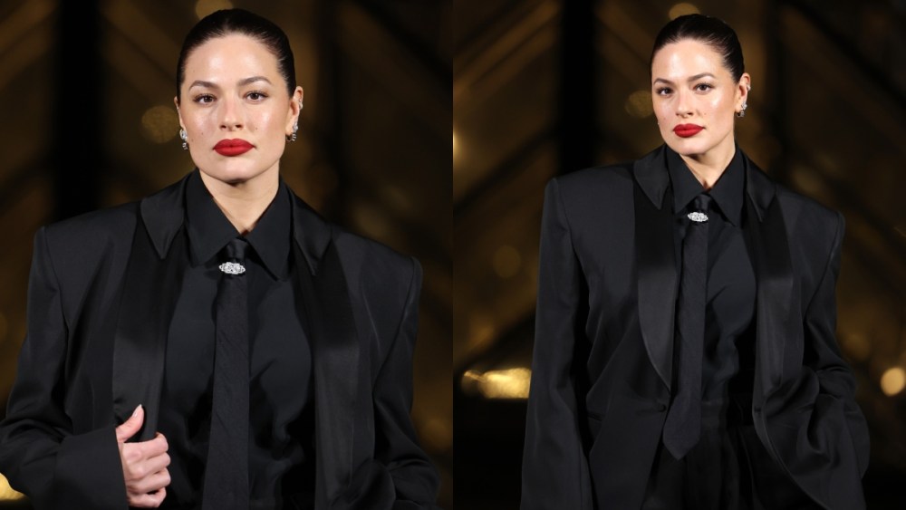 Ashley Graham arrives at the Louvre’s Grand Fashion Dinner on March 4 in Paris, LGN Louis Gabriel Nouchi, De Beers, Christian Louboutin, suiting