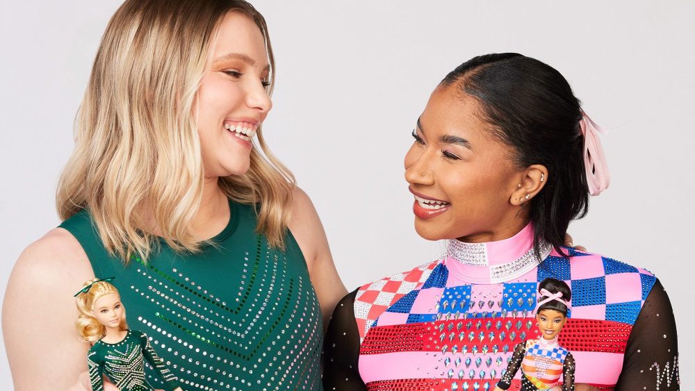 Jade Carey and Jordan Chiles with their one-of-a-kind dolls, Barbie, Mattel, gymnastics, International Womens Day