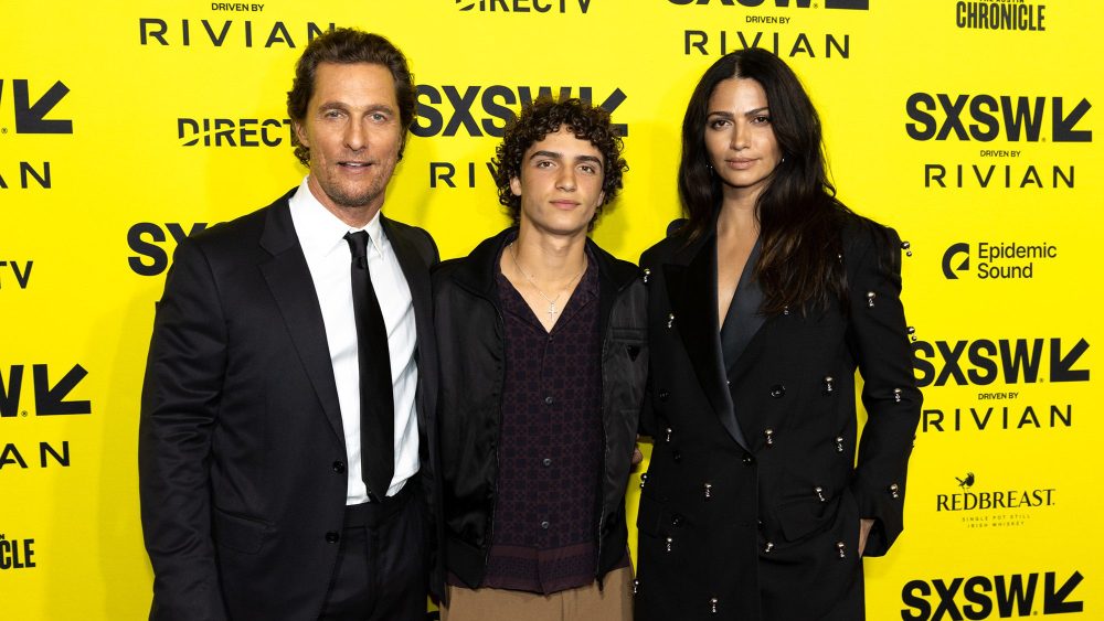 Matthew McConaughey, Levi McConaughey, Camila Alves McConaughey at "The Rivals of Amziah King" premiere during SXSW Conference & Festivals at the Paramount Theatre on March 10, 2025 in Austin, Texas. (Photo by Travis P. Ball/SXSW Conference & Festivals via Getty Images)