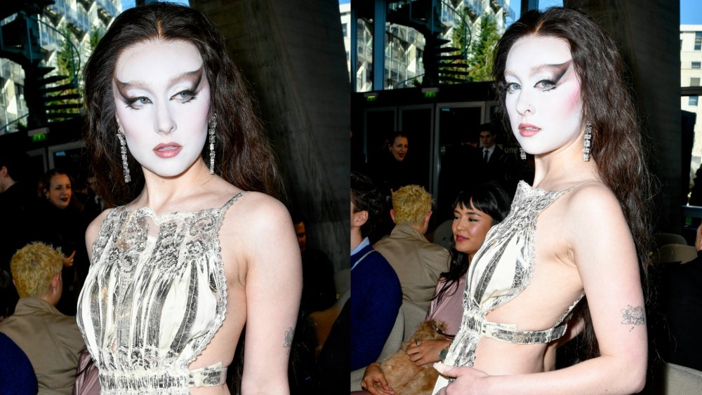 Chappell Roan at Rabanne's fall 2025 fashion show on March 6 in Paris, backless skirt set, metallic, front row