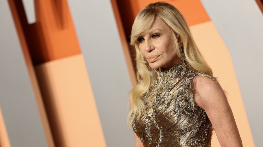 Italian fashion designer Donatella Versace attends the Vanity Fair Oscar Party at the Wallis Annenberg Center for the Performing Arts in Beverly Hills, California, on March 2.
