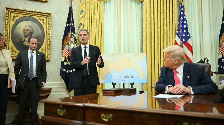 French shipping company CMA CGM's Rodolphe Saade speaks before U.S. President Donald Trump signs executive orders in the Oval Office of the White House in Washington, DC on March 6, 2025.