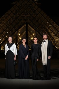 PARIS, FRANCE - MARCH 04: (L-R) Laurence des Cars, Rachida Dati, Victoria Beckham and David Beckham attend the "Le Grand Diner du Louvre" Passage Richelieu Photocall at Musee du Louvre on March 04, 2025 in Paris, France. (Photo by Pascal Le Segretain/Getty Images)