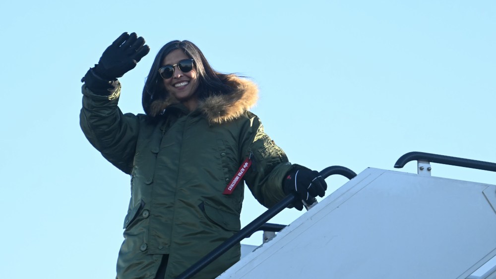 PITUFFIK, GREENLAND - MARCH 28: US Second Lady Usha Vance arrives at the US military's Pituffik Space Base on March 28, 2025 in Pituffik, Greenland. The itinerary for the visit was scaled back after a plan for a more extensive trip drew criticism from officials in Greenland and Denmark, which controls foreign and defence policy of the semiautonomous territory. (Photo by Jim Watson - Pool / Getty Images)