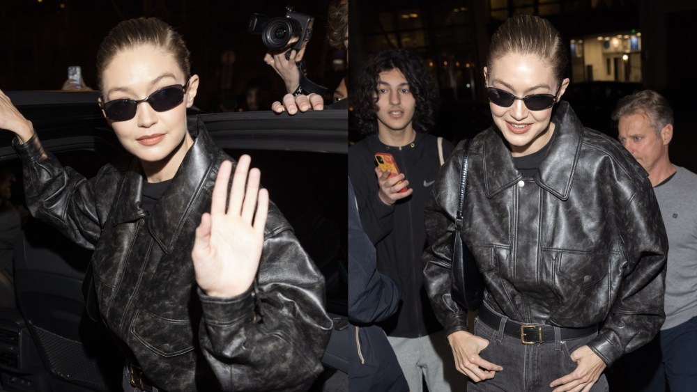Gigi Hadid during Paris Fashion Week on March 6, Charlotte Simone, biker jacket, model off-duty style