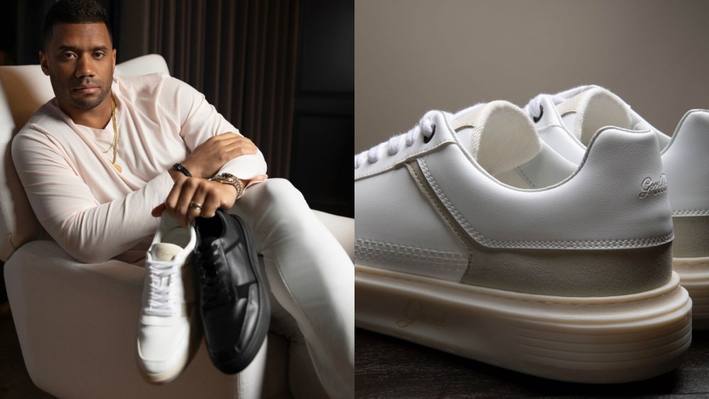 Left: Russell Wilson holding Good Man Brand's Halo sneaker in white and black.
Right: Good Man Brand's Halo sneaker in white.