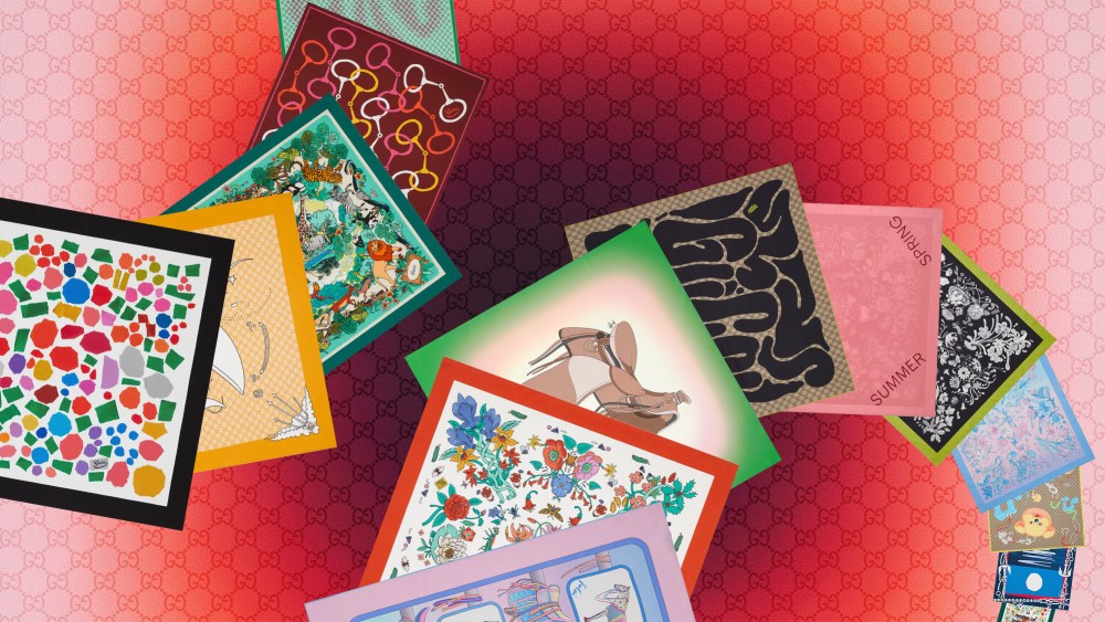 Silk scarves from the Gucci "90x90" project created by nine international artists.