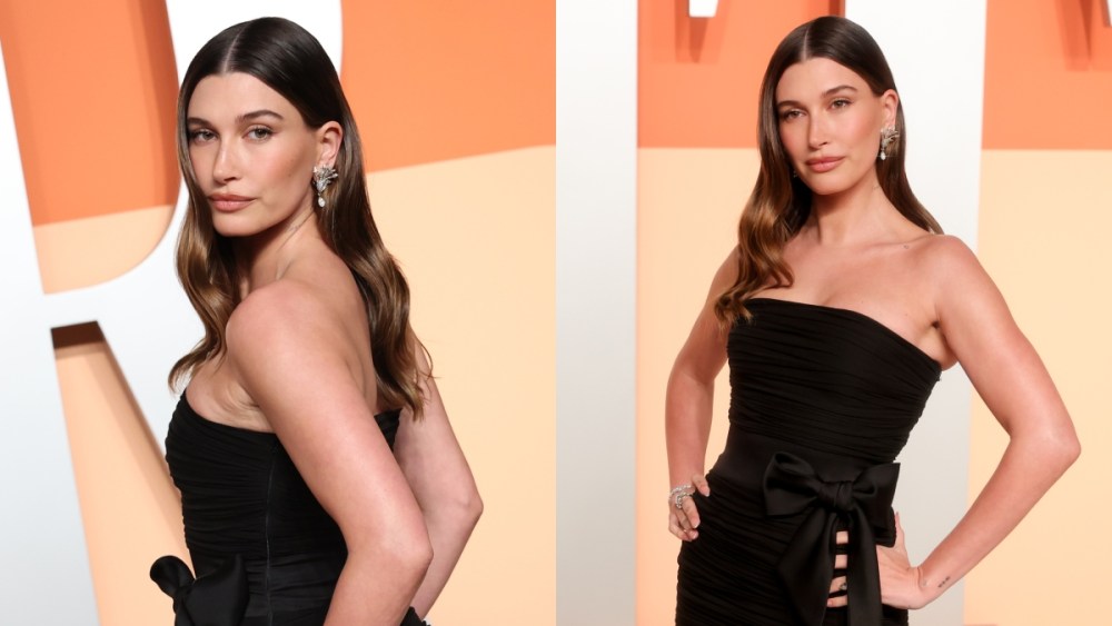 Hailey Bieber at the 2025 Vanity Fair Oscar Party on March 2 in Beverly Hills, Saint Laurent, red carpet, Tiffany & Co.