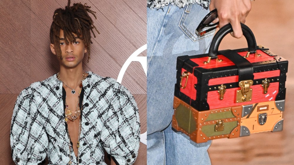 Jaden Smith attends the Louis Vuitton's fall 2025 fashion show on March 10 in Paris, mini trunk, Petite Malle