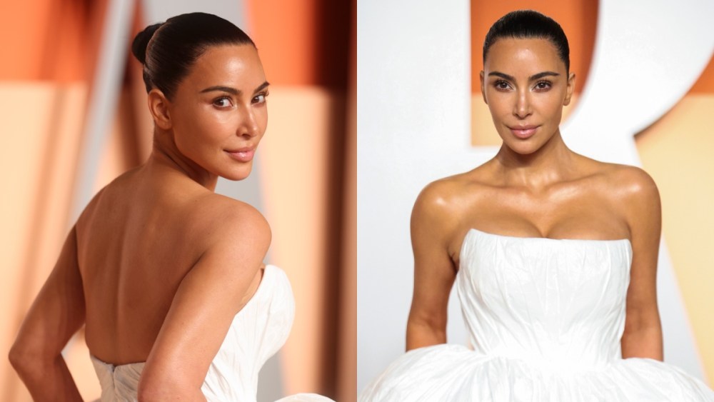 Kim Kardashian at the 2025 Vanity Fair Oscar Party on March 2 in Beverly Hills, Balenciaga, red carpet, backless, strapless, Tyvek