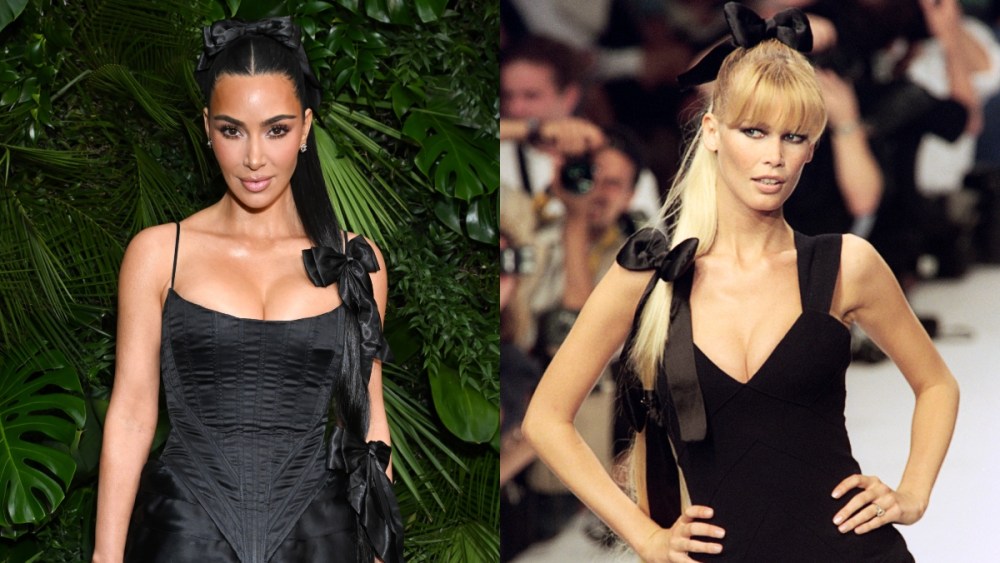 Kim Kardashian at the Chanel and Charles Finch Pre-Oscar Awards Dinner on March 1 in Beverly Hills; Claudia Schiffer walks the runway during Chanel's fall 1995 couture presentation, red carpet, vintage, archival