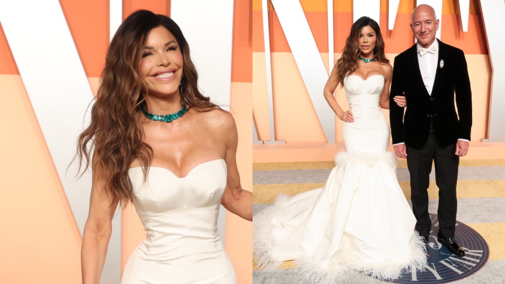 Lauren Sánchez white dress, Jeff Bezos at the 2025 Vanity Fair Oscar Party Hosted By Radhika Jones held at Wallis Annenberg Center for the Performing Arts on March 02, 2025 in Beverly Hills, California.