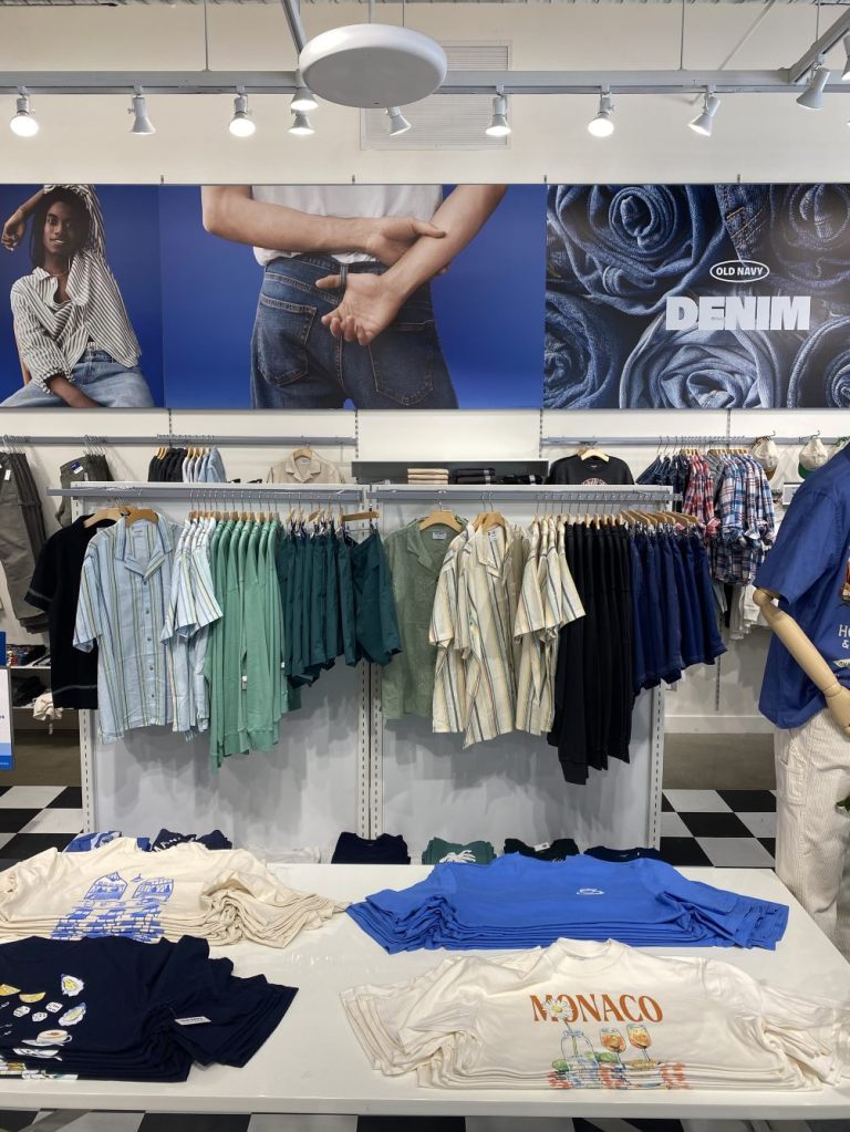 A Radio scanner hovers above Old Navy merchandise.