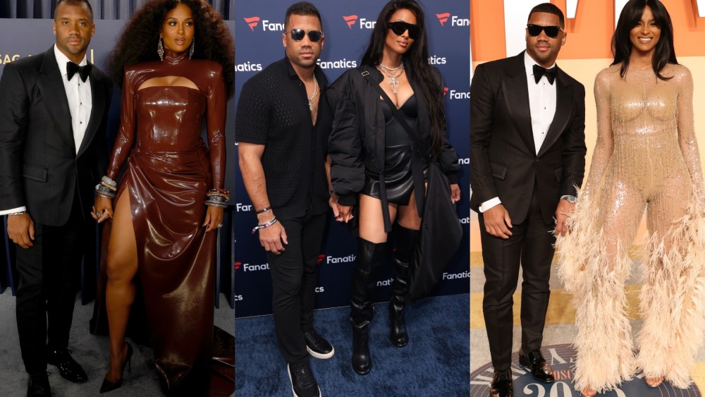 Left: Russell Wilson and Ciara attend the 30th Annual Screen Actors Guild Awards at Shrine Auditorium and Expo Hall on February 24, 2024 in Los Angeles, California. Middle: Russell Wilson and Ciara attend the 2025 Fanatics Super Bowl Party at The Sugar Mill on February 08, 2025 in New Orleans, Louisiana. Right: Russell Wilson and Ciara attend the 2025 Vanity Fair Oscar Party Hosted By Radhika Jones at Wallis Annenberg Center for the Performing Arts on March 02, 2025 in Beverly Hills, California.
