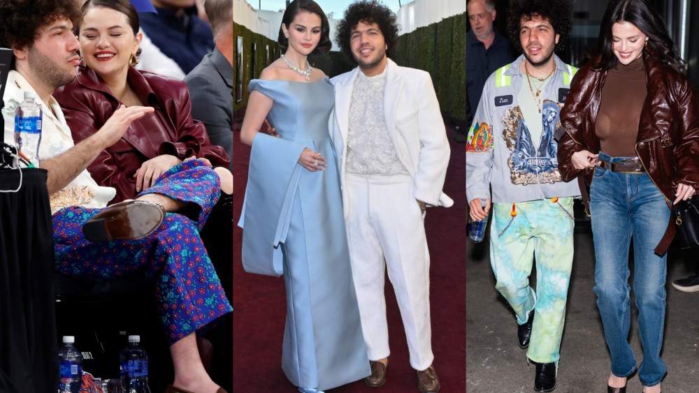 Benny Blanco and Selena Gomez attend the game between the New York Knicks and the Philadelphia 76ers in Game Two of the Eastern Conference First Round Playoffs at Madison Square Garden on April 22, 2024 in New York City. Middle: Selena Gomez and Benny Blanco during the 82nd Annual Golden Globes held at The Beverly Hilton on January 05, 2025 in Beverly Hills, California. Right: Benny Blanco and Selena Gomez are seen in the Upper West Side on March 19, 2025 in New York City.