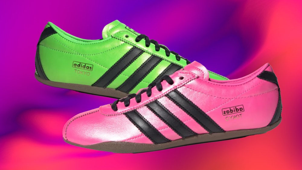 two adidas tokyo shoes in neon hues over a neon background in purple and pink shades