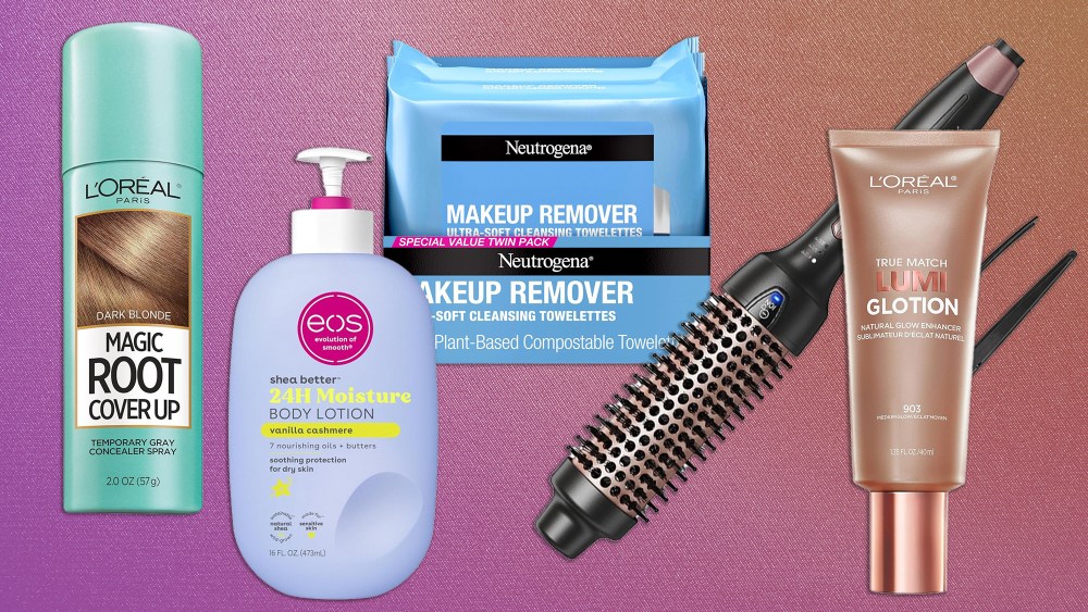 five beauty products overlaid on a reddish-orange ombre background