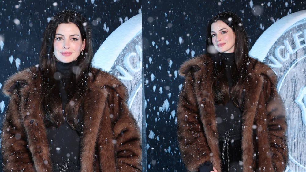 Anne Hathaway poses for photos ahead of the Moncler Grenoble Fall/Winter 2025 Show in France.