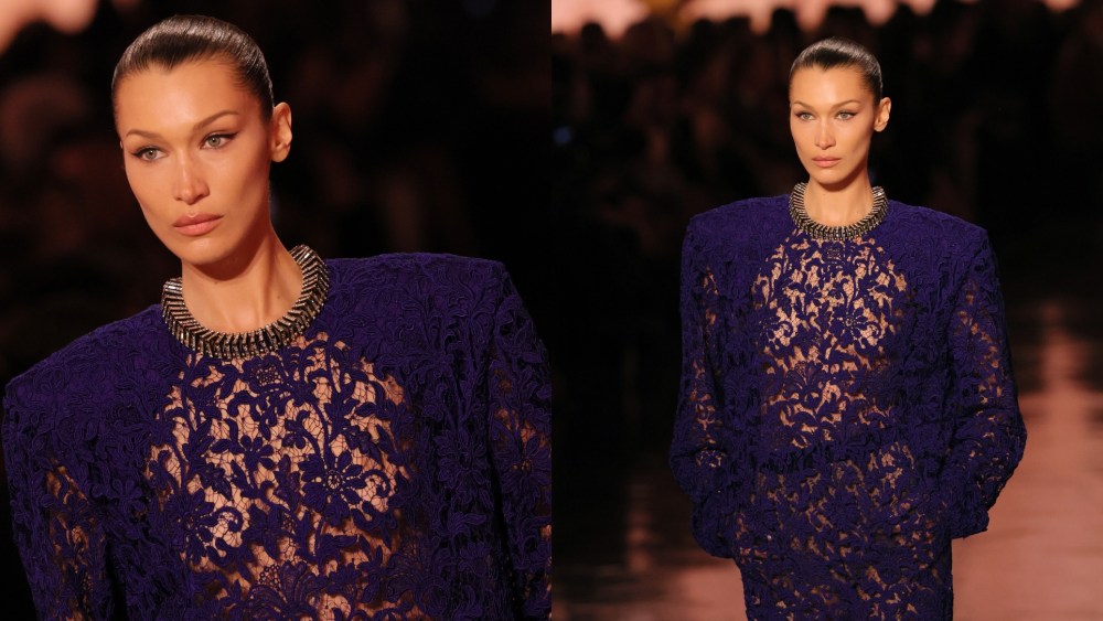 Bella Hadid on the runway for Saint Laurent during Paris Fashion Week.