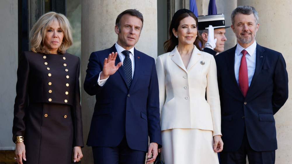 Brigitte Macron and President Emmanuel Macron welcome Queen Mary of Denmark and King Frederik X of Denmark to Paris.