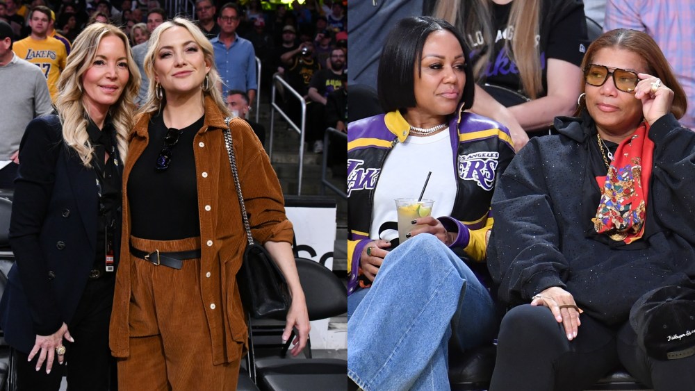 Jeanie Buss, Kate Hudson, Eboni Nichols and Queen Latifah at the Los Angeles Lakes game on March 19.