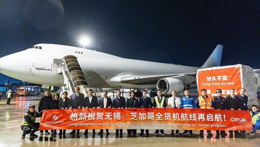 Ceva Logistics has introduced its first trans-Pacific air charter service via Atlas Air that will fly three times a week between Wuxi, China and Chicago.