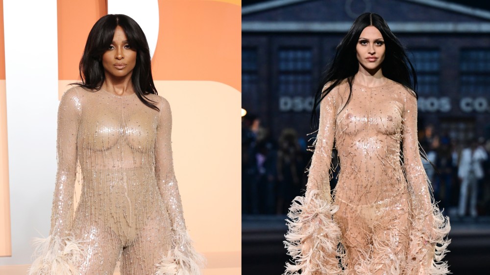 Ciara wearing a sheer dress from Dsquared2's fall 2025 runway show at the 2025 Vanity Fair Oscars party.