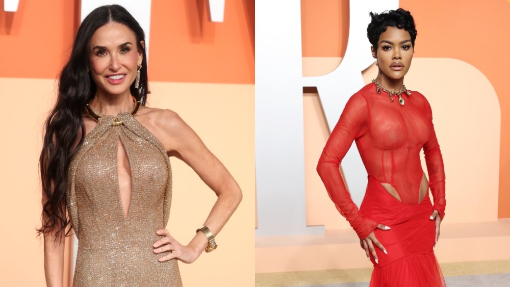 Demi Moore and Teyana Taylor on the red carpet at the 2025 Vanity Fair Oscar Party, cutout dresses