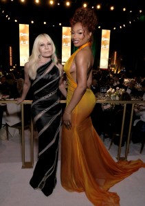 WEST HOLLYWOOD, CALIFORNIA - MARCH 02: (Exclusive Coverage) (L-R) Donatella Versace and Megan Thee Stallion attend Elton John AIDS Foundation's 33rd Annual Academy Awards Viewing Party on March 02, 2025 in West Hollywood, California. (Photo by Rodin Eckenroth/Getty Images for Elton John AIDS Foundation)