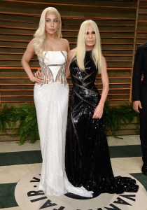 WEST HOLLYWOOD, CA - MARCH 02:  Musician Lady Gaga (L) and designer Donatella Versace attend the 2014 Vanity Fair Oscar Party hosted by Graydon Carter on March 2, 2014 in West Hollywood, California.  (Photo by Pascal Le Segretain/Getty Images)
