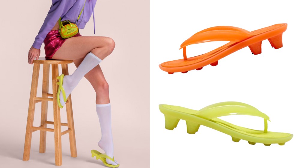 woman sitting on a stool while wearing socks and sandals; two thongs sandals over a white background, in orange and neon yellow