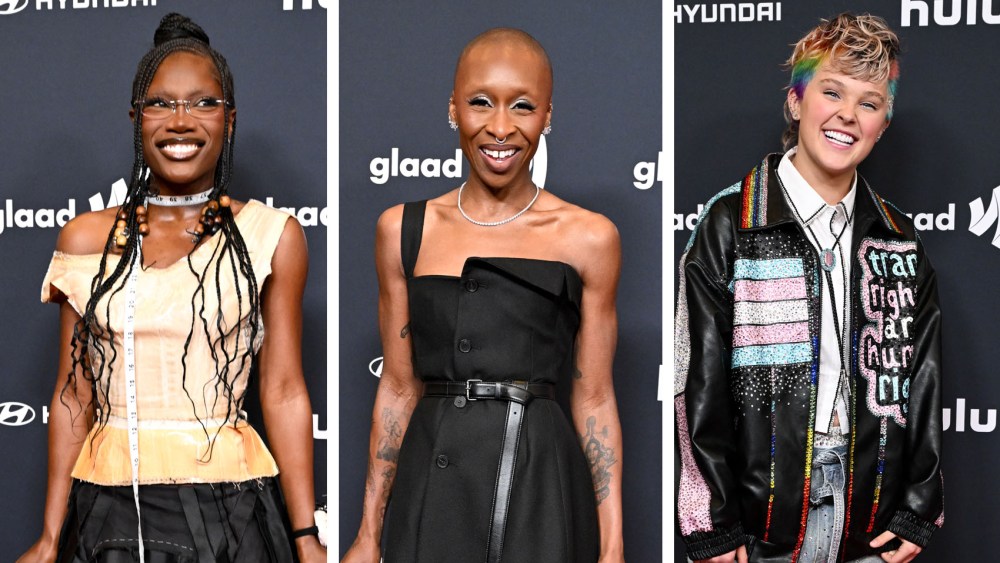 (L-R): Doechii, Cynthia Erivo and Jojo Siwa at the 36th Annual GLAAD Media Awards held at The Beverly Hilton on March 27, 2025 in Los Angeles, California.