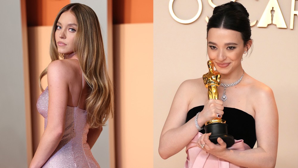 celebrities sydney sweeney and mikey madison posing on the oscars 2025 red carpet in gowns, with hair down and up, respectively
