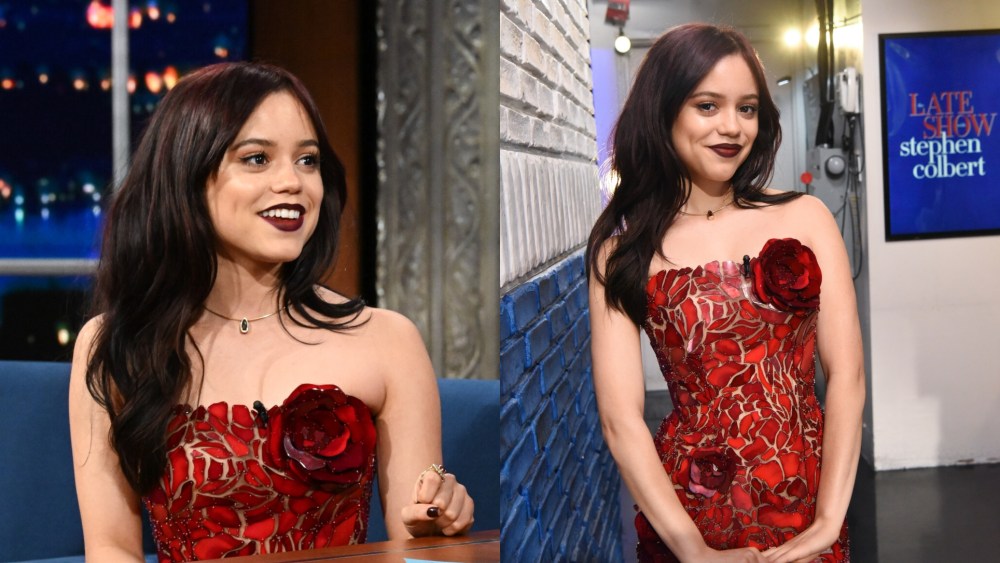 Jenna Ortega wears see-through red Oscar de la Renta dress for her appearance on "The Late Show with Stephen Colbert."