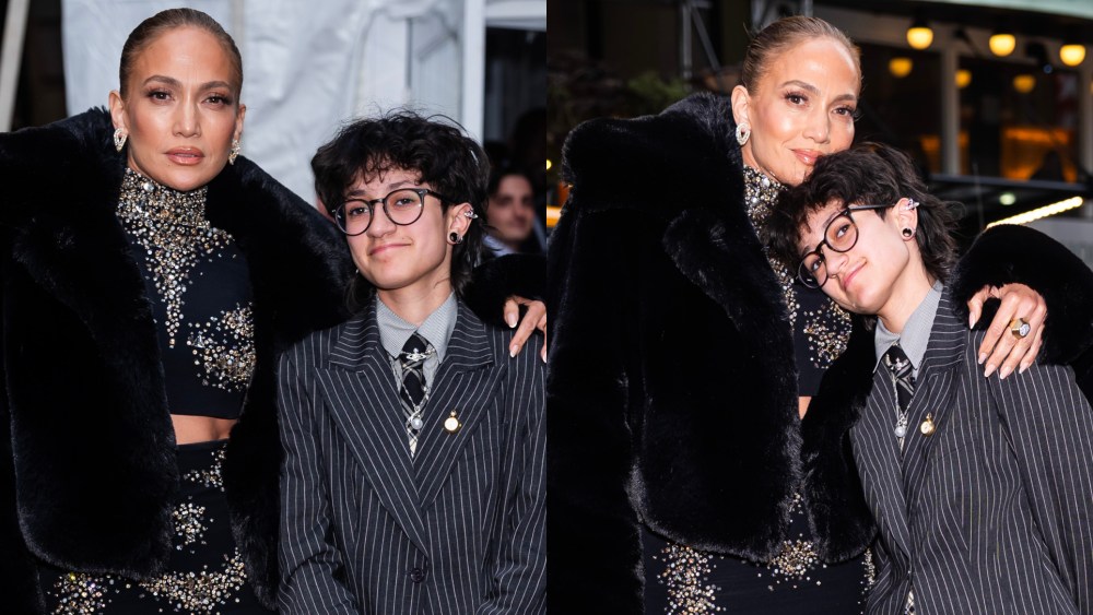 Jennifer Lopez (L) and child Emme Muñiz at the "Othello" opening night at the Barrymore Theater in Midtown on March 23, 2025, in New York City.