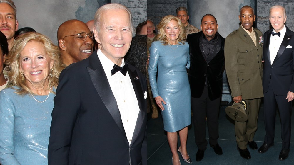 Dr. Jill Biden wears blue ralph lauren dress and former U.S. President Joe Biden pose backstage on the opening night of "Othello" on Broadway at The Barrymore Theatre on March 23, 2025, in New York City.