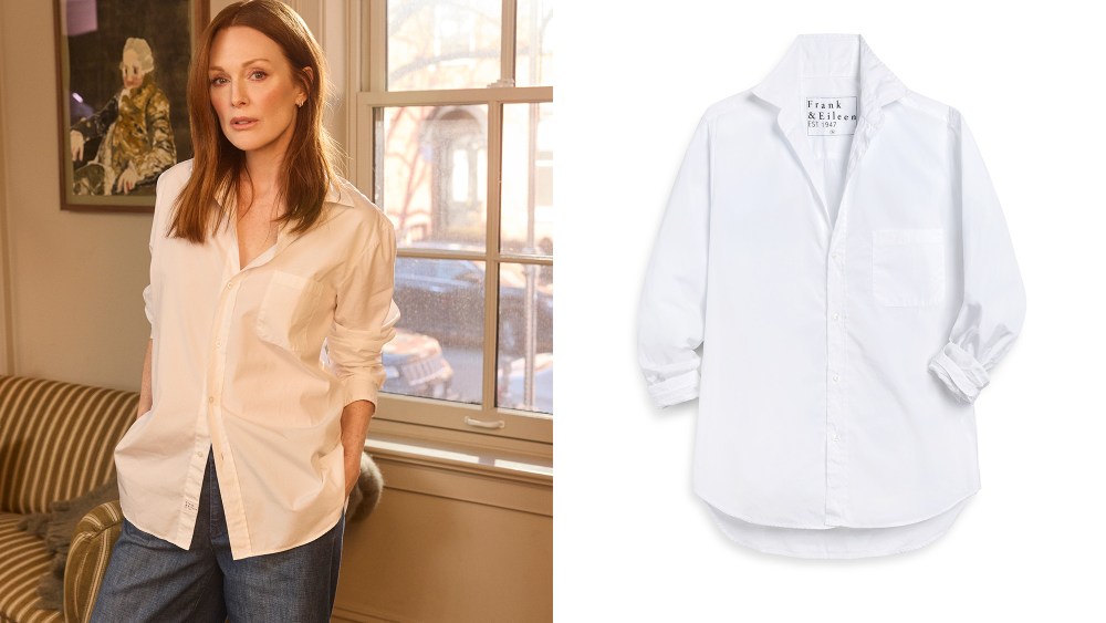 julianne moore poses in a white button-up; white button-up over a white background