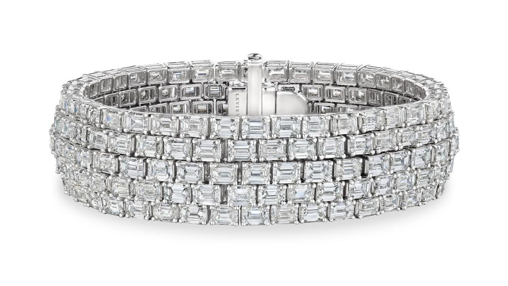 Leviev emerald cut 48-carat diamond multi-row bracelet set in 18 karat white gold.