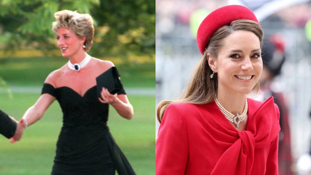 Princess Diana, left, and Kate Middleton wearing the Collingwood pearl drop earrings.