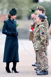 LONDON, ENGLAND - MARCH 17: Catherine, Princess of Wales meets 'Mini Micks', who are junior cadets from Northern Ireland, during the 2025 Irish Guards' St. Patrick's Day Parade at Wellington Barracks on March 17, 2025 in London, England. Catherine, Princess of Wales attends the parade as Colonel of the Regiment. (Photo by Chris Jackson/Getty Images)