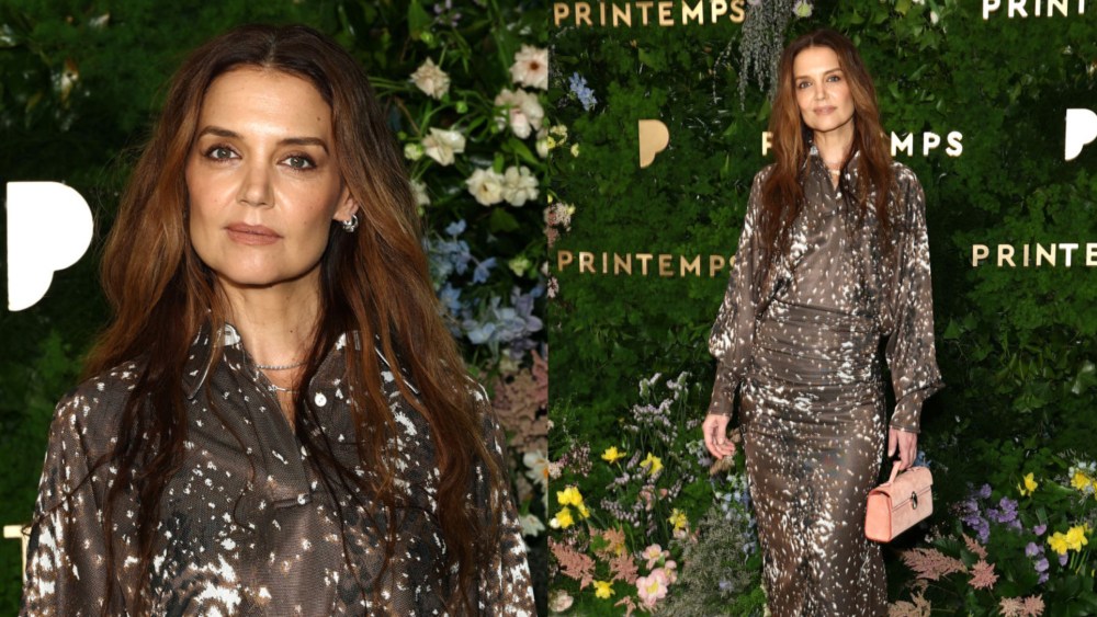 Katie Holmes wearing Tory Burch bambi dress fall 2025 at Printemps New York grand opening party on Thursday.