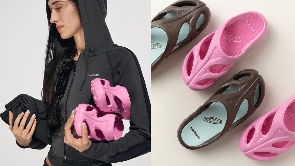 woman in sunglasses and athleisure holding two coffees and a shanti clog from keen; shanti clogs from keen in brown and pink varieties