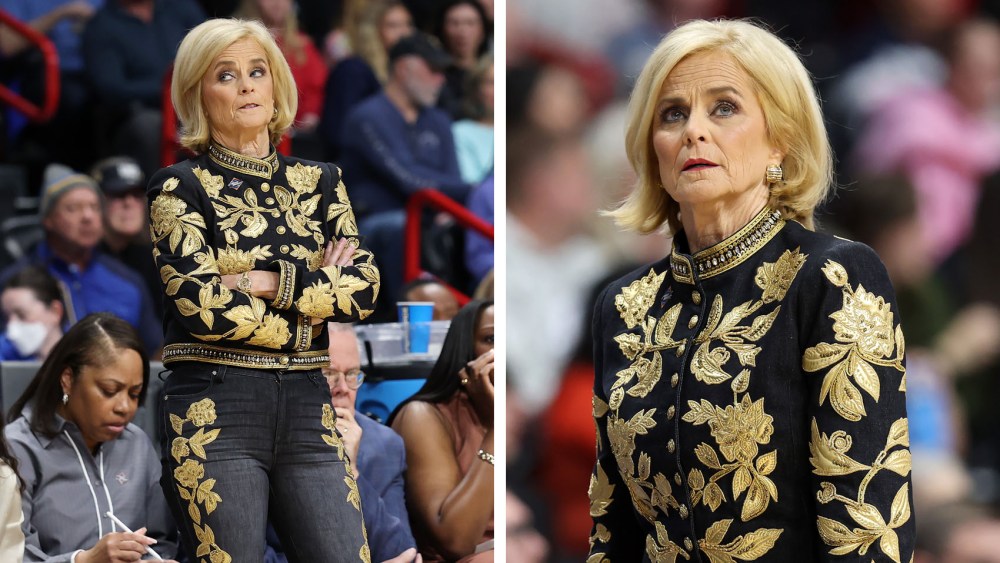 kim mulkey sweet 16 outfit, alice and olivia black and gold baroque denim, Head coach Kim Mulkey of the LSU Lady Tigers calls out instructions in the third quarter against the NC State Wolfpack in the Sweet Sixteen round of the NCAA Women's Basketball Tournament at Spokane Arena on March 28, 2025 in Spokane, Wash