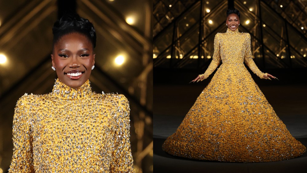 Doechii wears yellow valentino dress at the Louvre Grand Fashion Dinner photo call on March 4 in Paris.