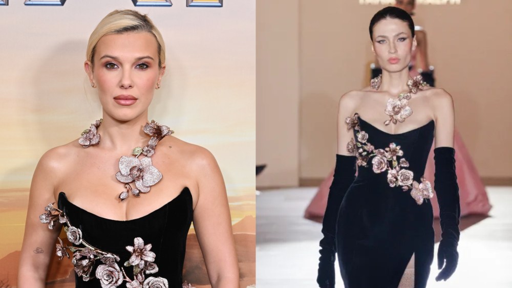 Millie Bobby Brown at the 'The Electric State' NYC screening. A look from Tamara Ralph's fall 2024 couture collection.
