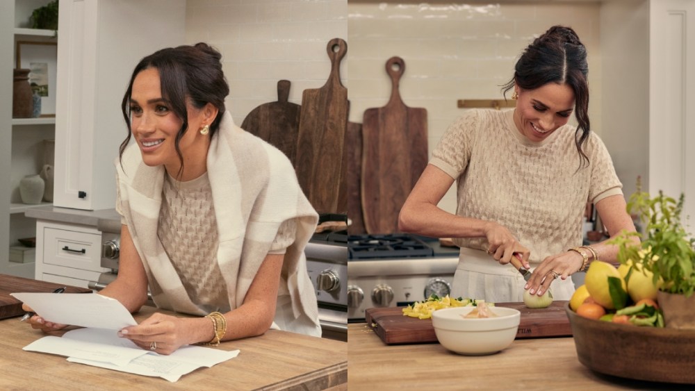 Meghan Markle wears loro piana sweater in two stills from the Netflix series 'With Love, Meghan.'