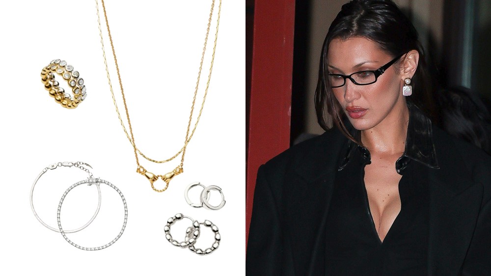various jewelry in gold and silver over a white background; bella hadid wearing glasses and statement earrings