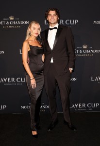 VANCOUVER, BRITISH COLUMBIA - SEPTEMBER 21: Taylor Fritz of Team World and Morgan Riddle arrive on the black carpet for the Laver Cup Gala ahead of the Laver Cup at Rogers Arena on September 21, 2023 in Vancouver, British Columbia. (Photo by Matthew Stockman/Getty Images for Laver Cup)