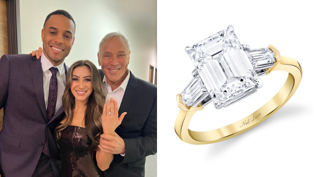 Grant Ellis and Juliana Pasquarosa with Neil Lane, the bachelor engagement ring.