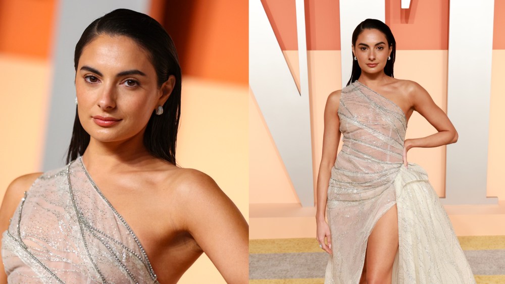 Paige DeSorbo sheer dress at the 2025 Vanity Fair Oscar Party.